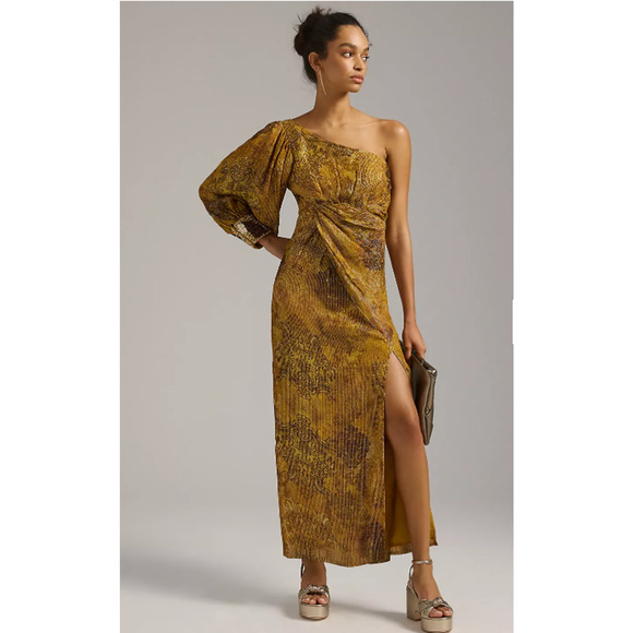 Anthropologie Dresses & Skirts - NEW Anthropologie Nirmooha One-Shoulder Shine Maxi Dress XXS Gold Beaded Boho